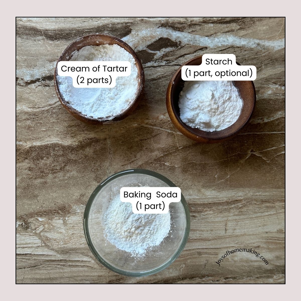the ingredients of making homemade baking powder: cream of tartar, starch and baking soda