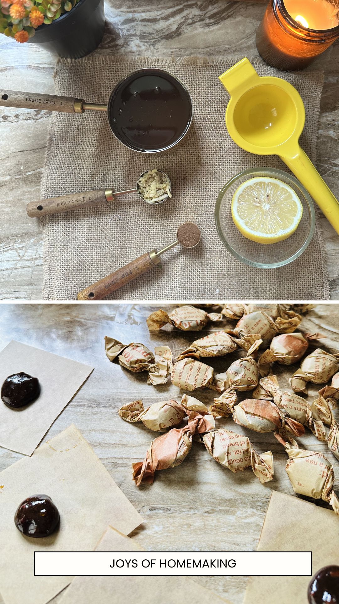 picture of the ingredients needed to make cough drops and a picture of the cough drops wrapped in a parchment paper.