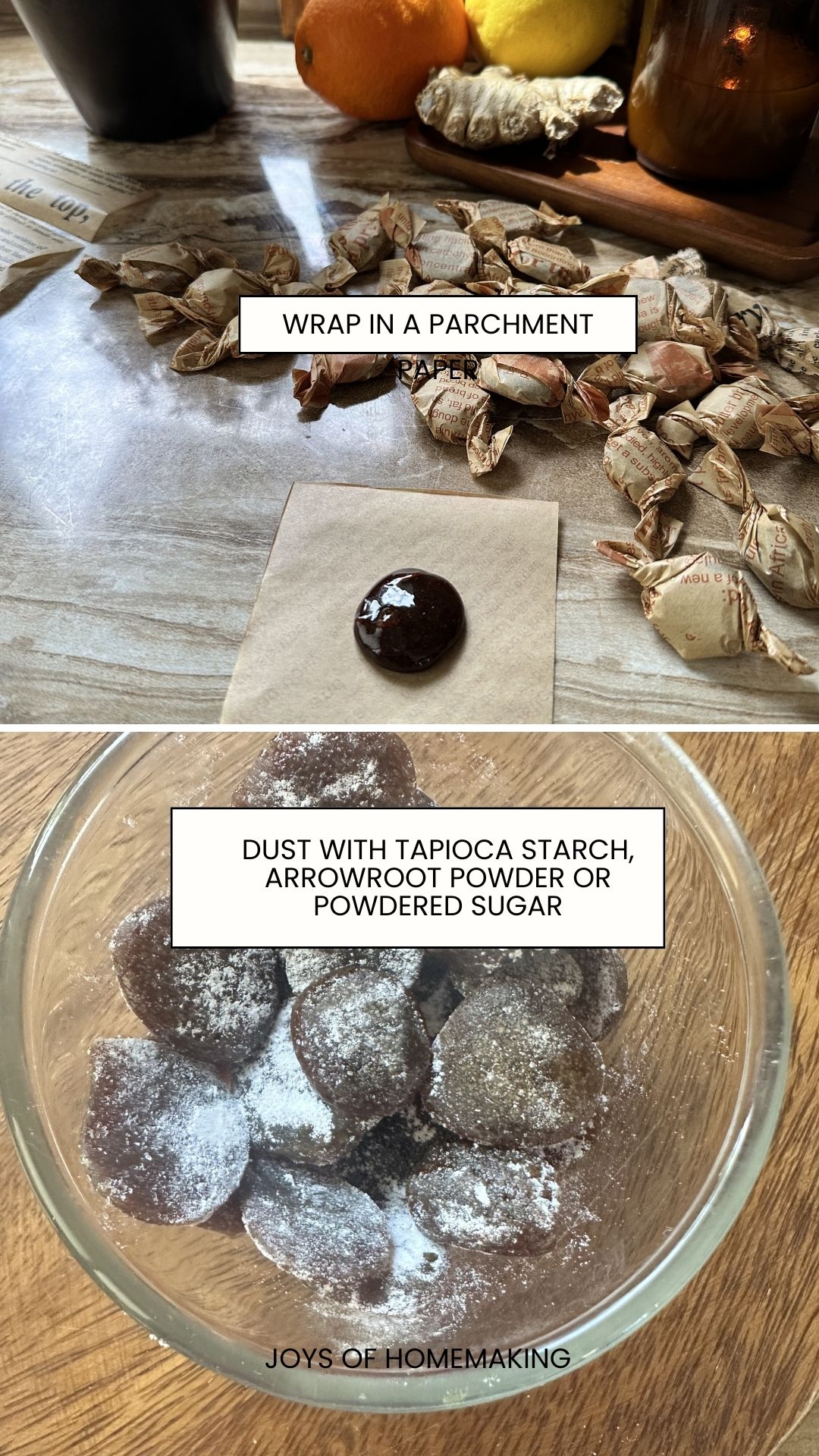 Pic of cough drops wrapped ina parchment paper , and picture of cough drops in a bowl, dusted with powdered sugar 