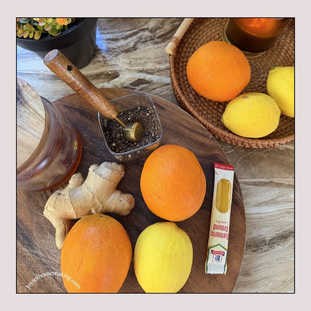 wellness shots ingredients with peppermint, ginger, oranges, turmeric and lemon