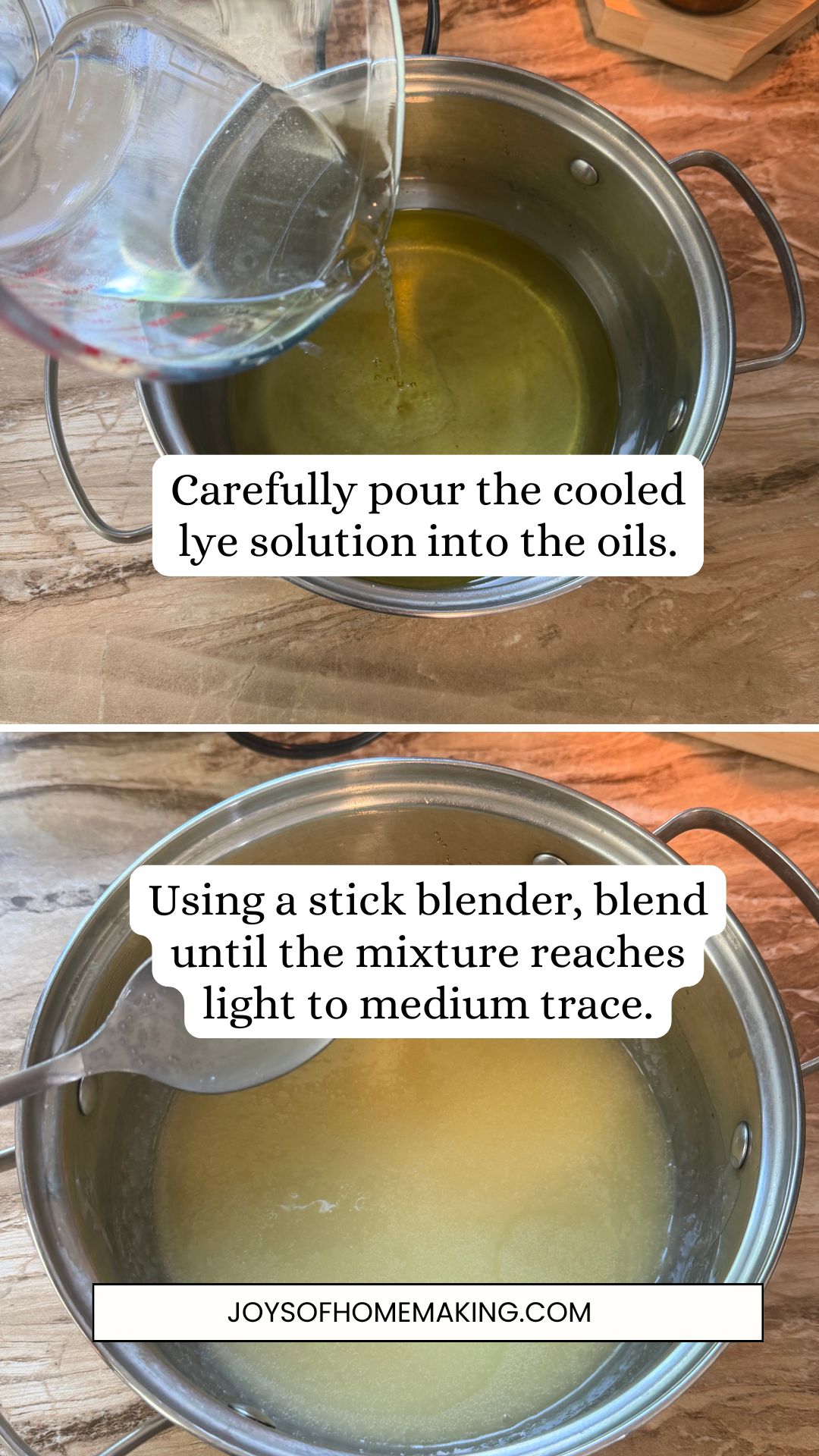Step 6: Pour Lye into oils and blend using a stick blender until the mixture reaches light trace.