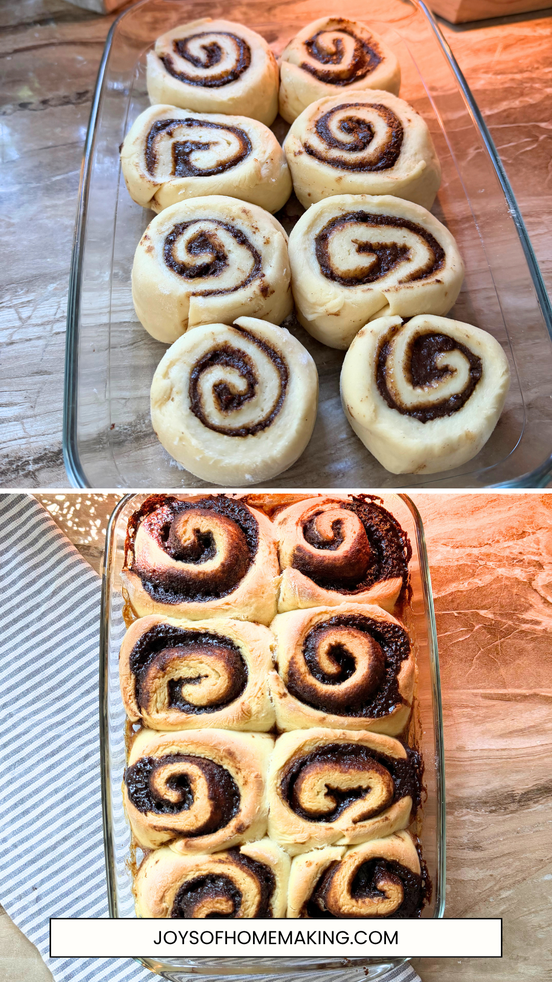 Step 6-7 : Cinnamon rolls after second rise and baked cinnamon rolls.