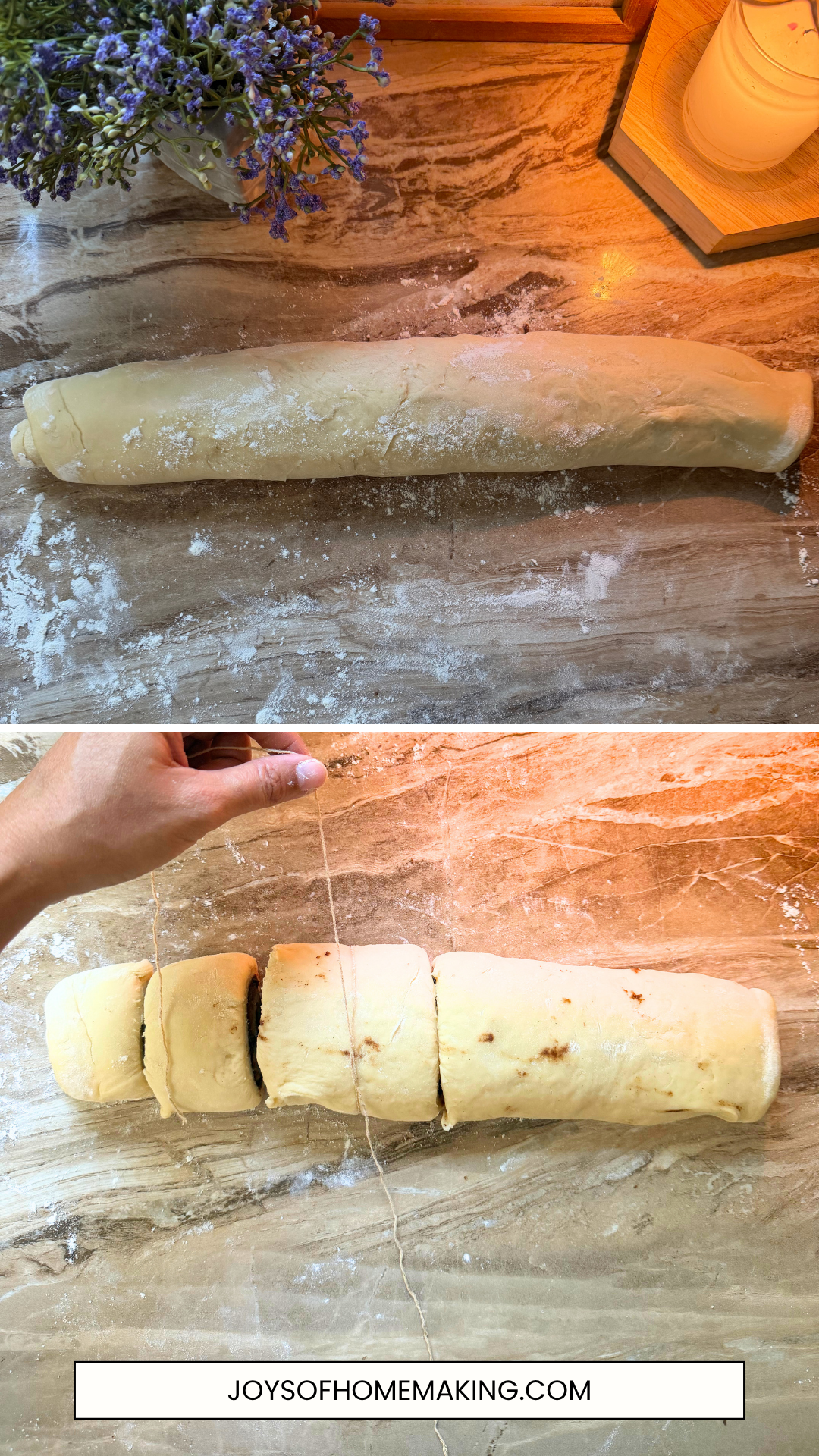 Step 6 : Roll and slice the log into individual cinnamon rolls.