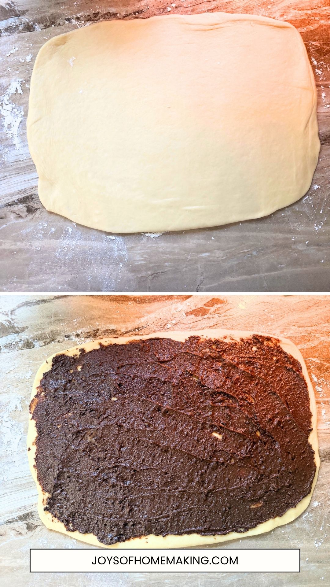 Step 4: Cinnamon dough rolled out , and cinnamon dough with the cinnamon filling