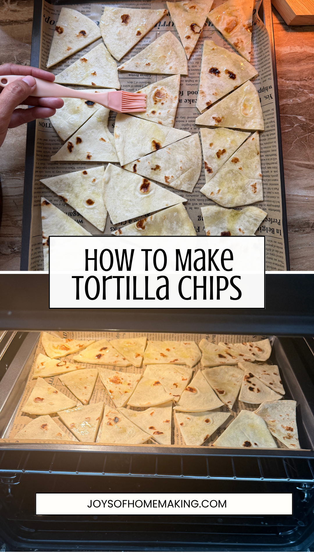Homemade Tortilla Chips step 3-4: Brush tortilla pieces with oil and bake