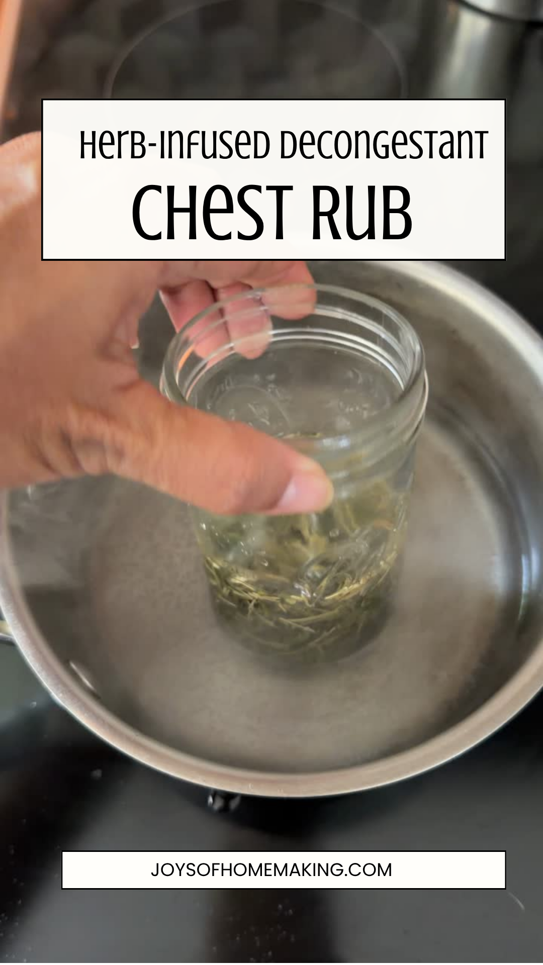 Dried herbs and oil in a makeshift double boiler
