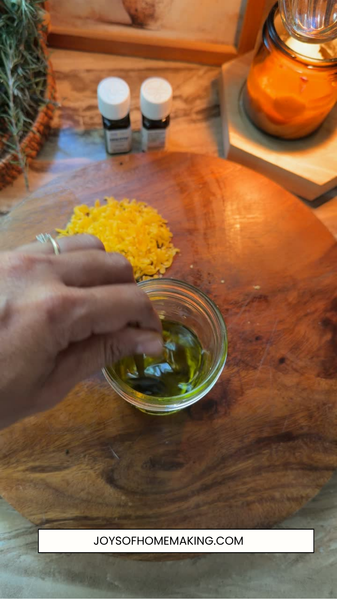 Strained herb-infused oil in a jar